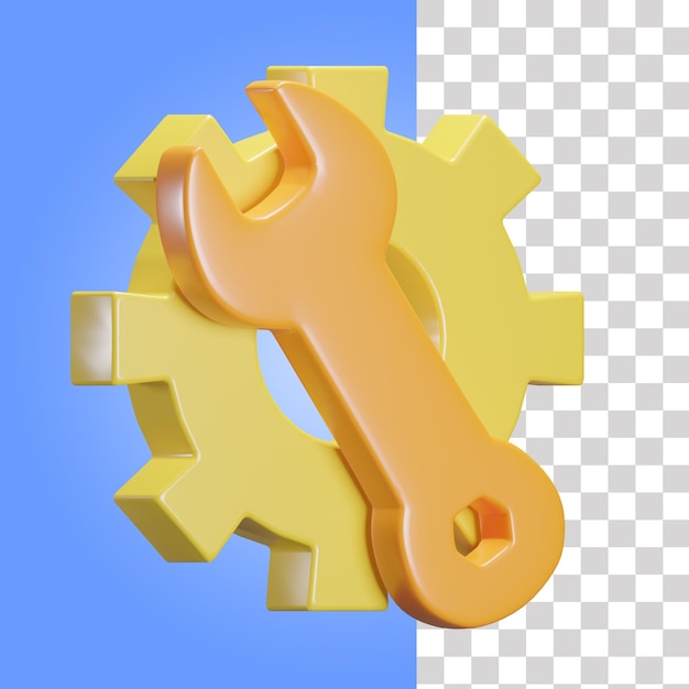 A yellow and blue gear with a wrench and a blue background