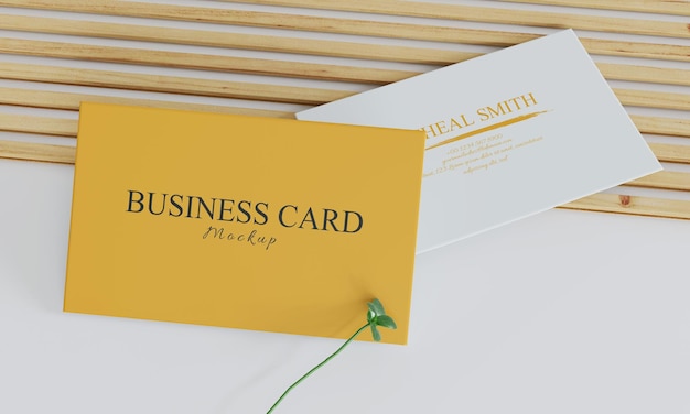 yellow business card mockup in wood