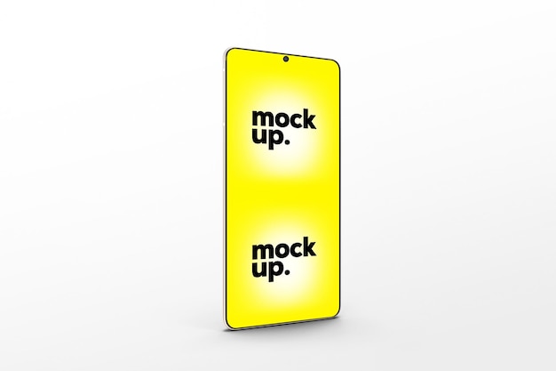 A yellow cell phone with the word mock up on the screen.