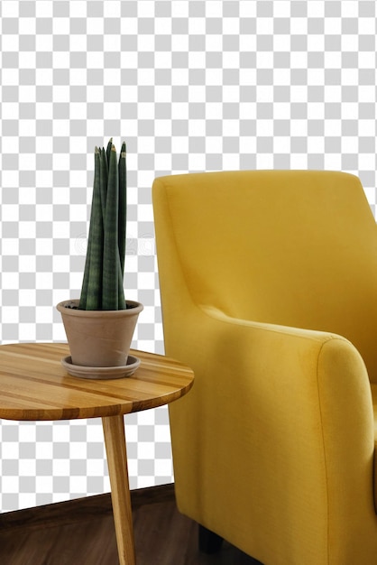 PSD a yellow chair on a table with a plant on it