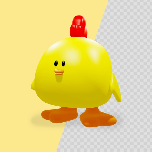 A yellow chicken with a red cap on its head is standing next to a yellow one.