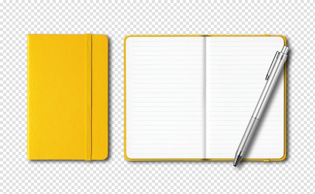 透明な背景に分離されたペンで黄色の閉じた状態と開いた罫線ノート