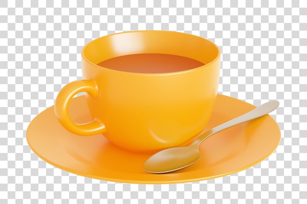 Yellow coffee cup saucer and spoon isolated on a white background 3D render Illustration