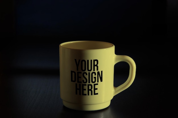 Yellow coffee mug on a dark background mockup PSD Changeable color