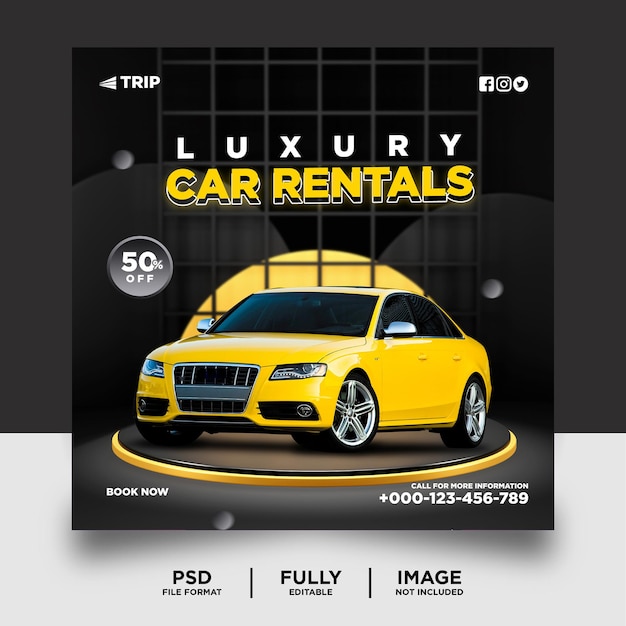 Yellow color rent a car social media post banner