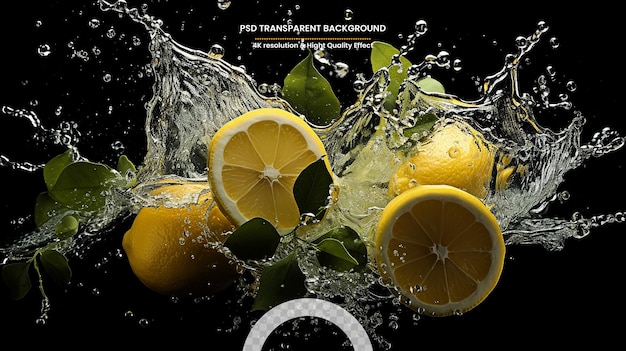 PSD yellow cut fresh lemons with clear water splash and drops