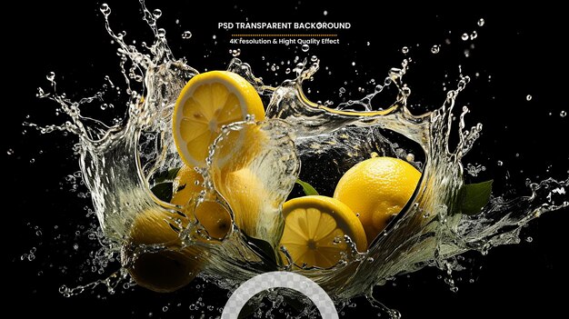 PSD yellow cut fresh lemons with clear water splash and drops