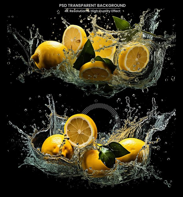 PSD yellow cut fresh lemons with clear water splash and drops
