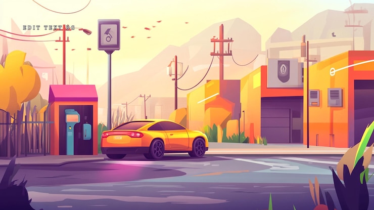 PSD yellow electric car charging at a city station during sunset