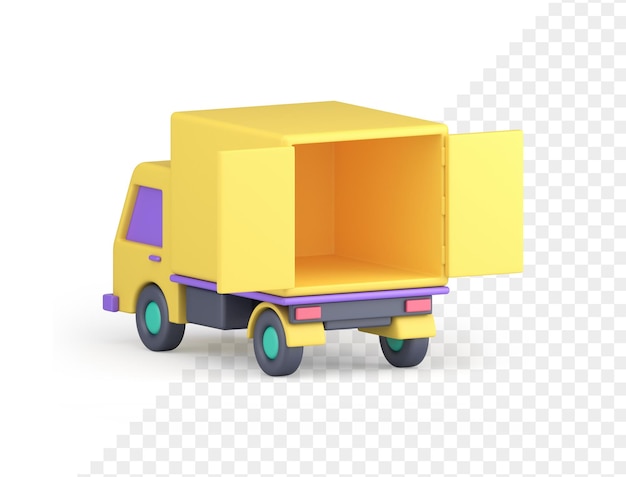 Camion carico vuoto giallo con porte aperte pronto carico logistica commerciale realistica icona 3d