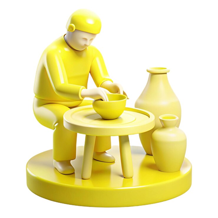 PSD a yellow figurine of a man cooking on a table with a bowl on it