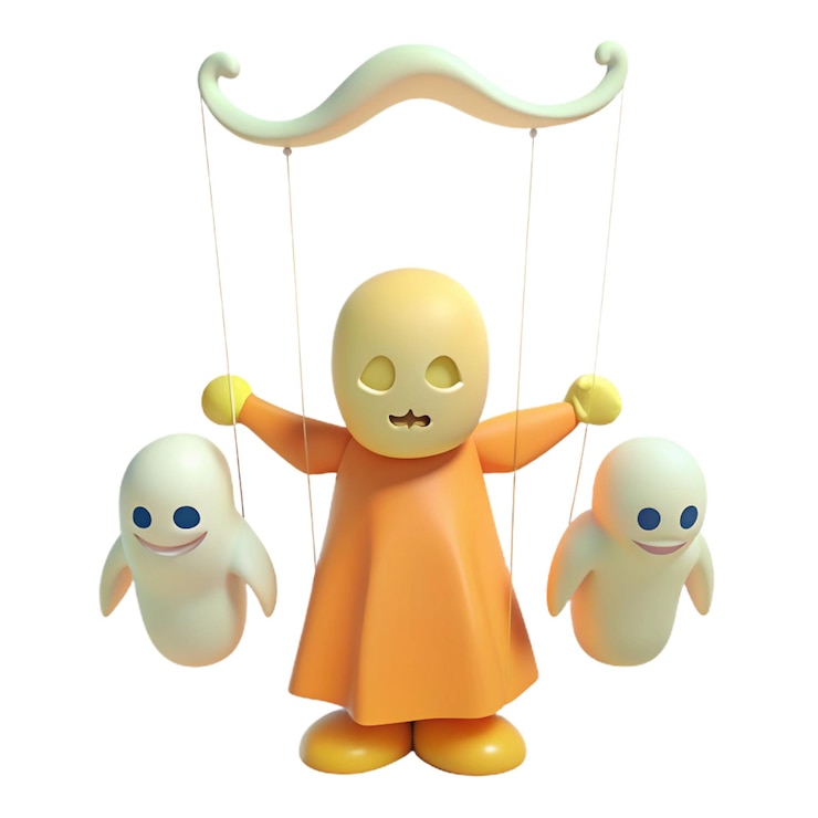 PSD a yellow figurine with three tiny figurines on it