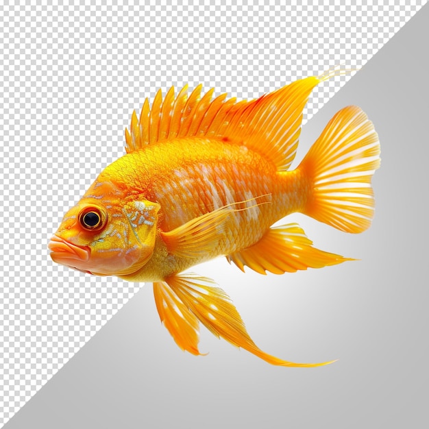 PSD a yellow fish with a piece of food on it