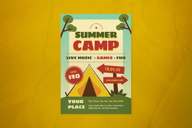 Yellow flat design summer camp flyer