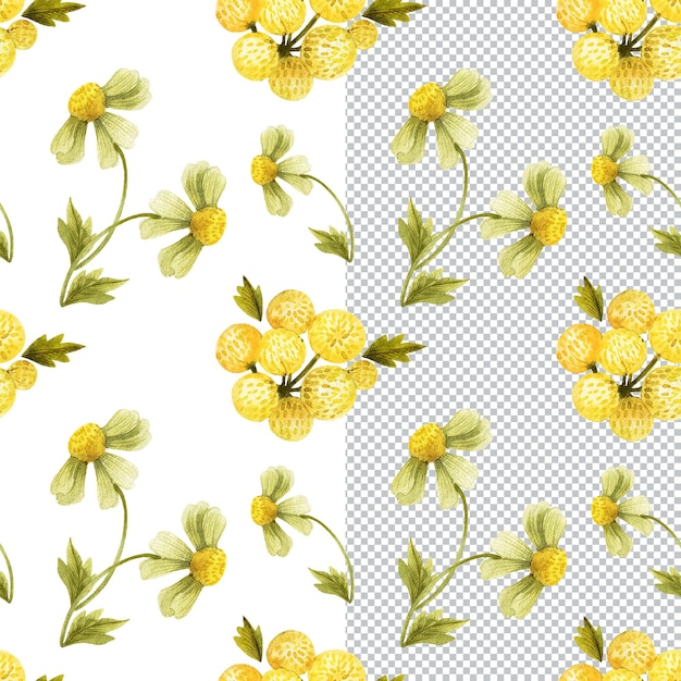 PSD yellow floral seamless pattern wild plants bouquets in cottage style botanical watercolor