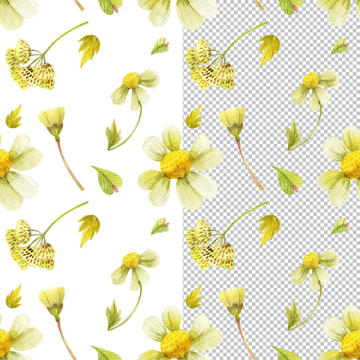PSD yellow floral seamless pattern wild plants bouquets in cottage style botanical watercolor