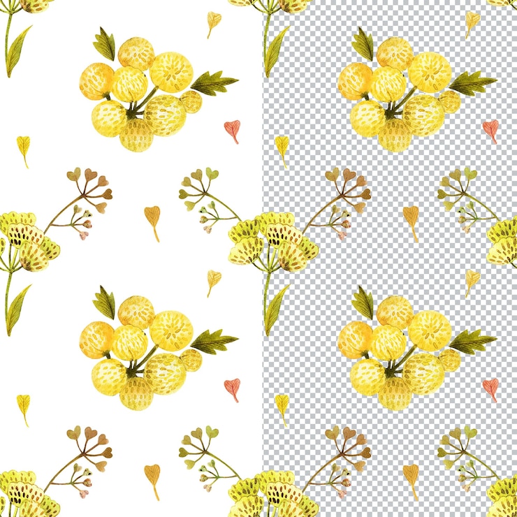 PSD yellow floral watercolor handdrawn seamless pattern wild plants bouquets in cottage style