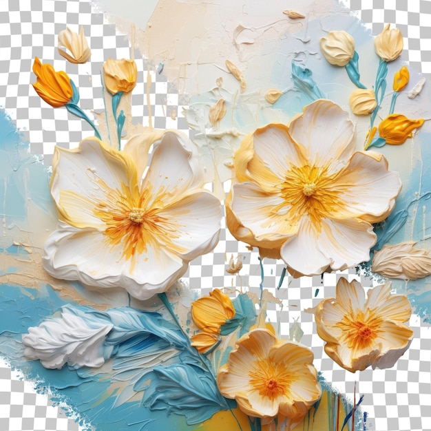 흰 종이 질감투명한 배경에 구아슈로 칠해진 노란 꽃과 파란 구름