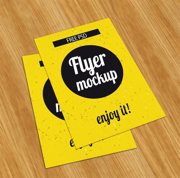 PSD a yellow flyer mockup with a black circle on it