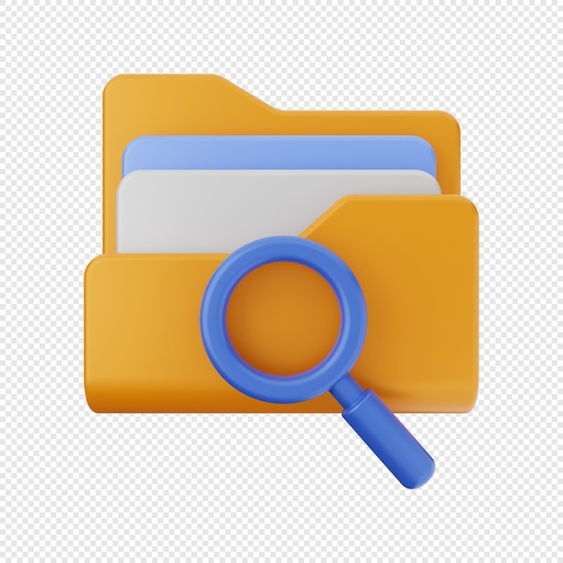 PSD a yellow folder with a magnifying glass is sitting on a white background.