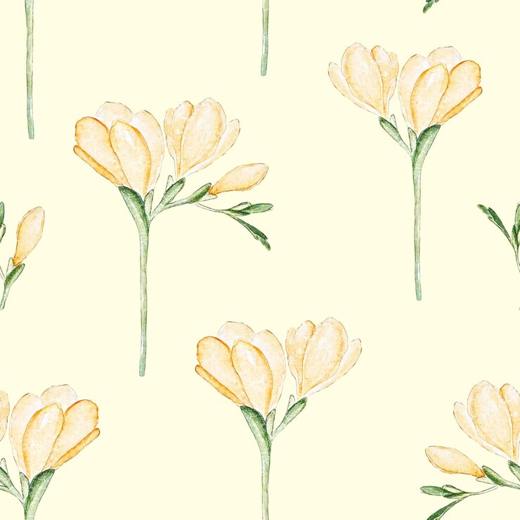 PSD yellow freesia pattern spring holiday wrapping fabric watercolor print cute illustration abstract