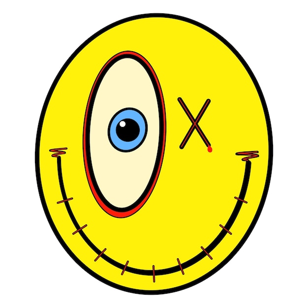 PSD yellow funny smiley face with one blue eye hand drawn doodles scribbles