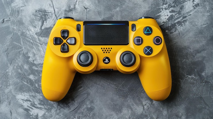 PSD yellow gaming controller on gray textured surface