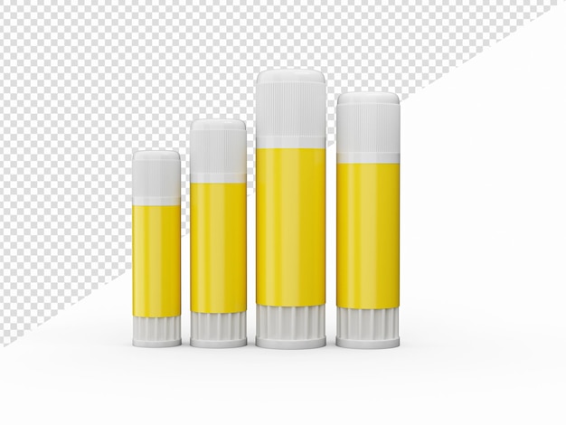 PSD yellow glue sticks set all sizes blank mockup 3d illustration