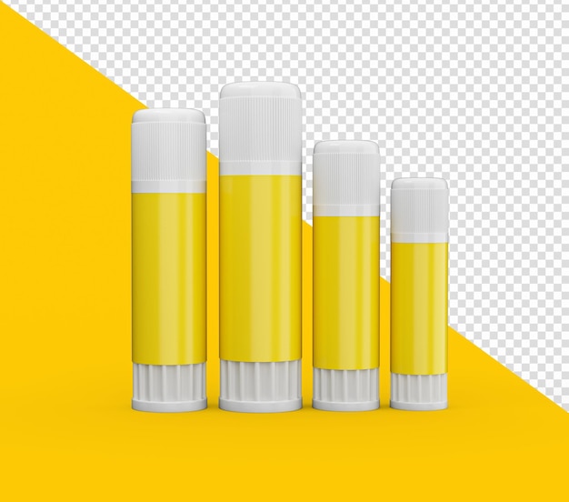 Yellow glue sticks set all sizes blank mockup 3d illustration