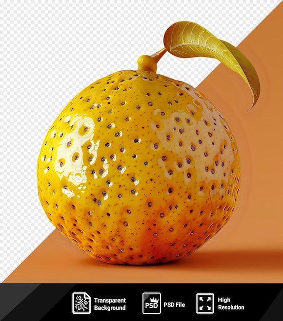 PSD yellow granadilla fruit with green leaf on orange background png psd