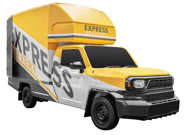 PSD yellow and gray refrigerated truck open back door