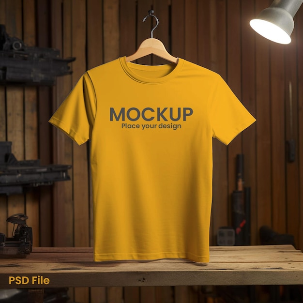 Yellow hanging tshirt mockup psd