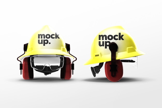 A yellow helmet with the word mock up on it