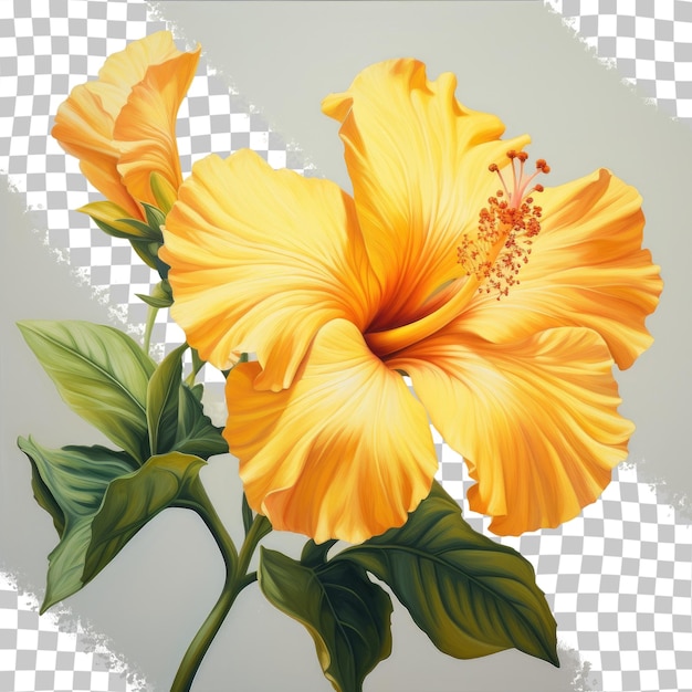 Yellow hibiscus flower with green leaves on transparent background