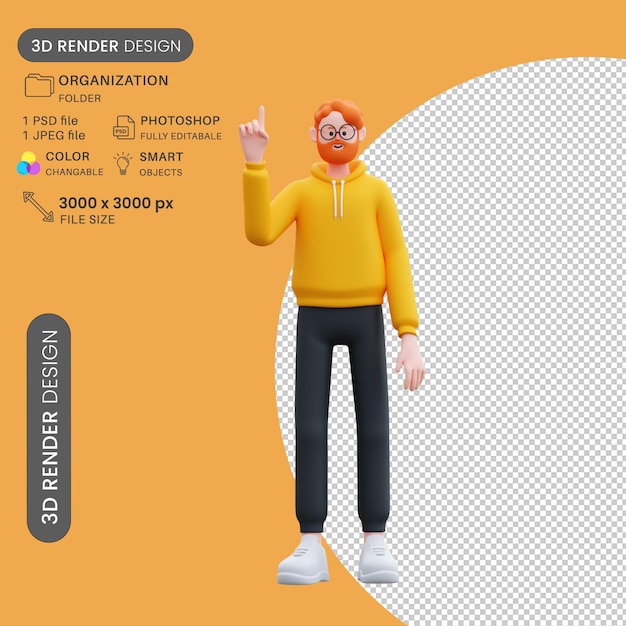 Yellow hoodie man hand rising 3d-personage