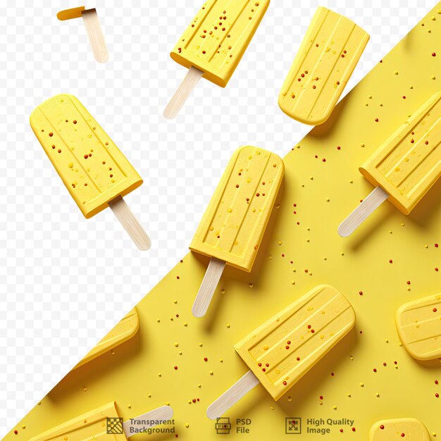 A yellow ice cream with a stick of candy bar on it.