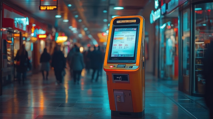 PSD a yellow kiosk with a digital screen stands in a bustling shopping mall surrounded by blurred figures of people