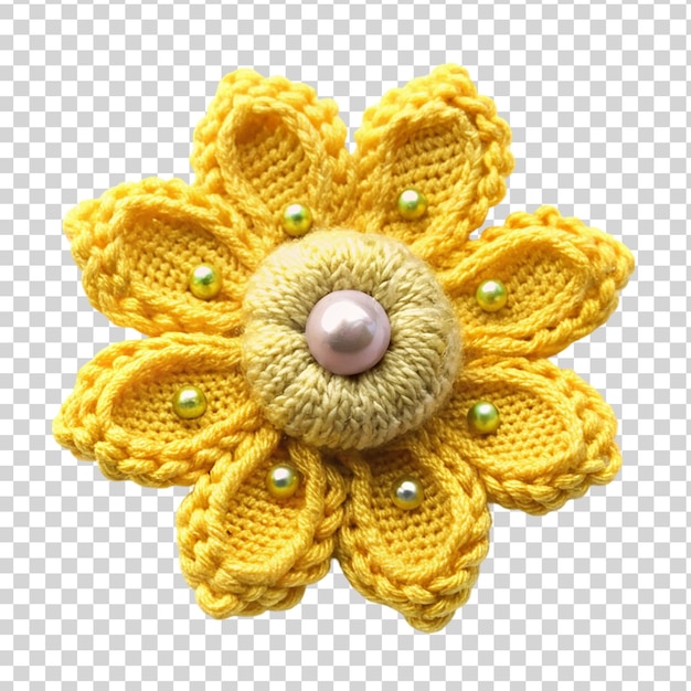 PSD yellow knitted flower with beads isolated on transparent background