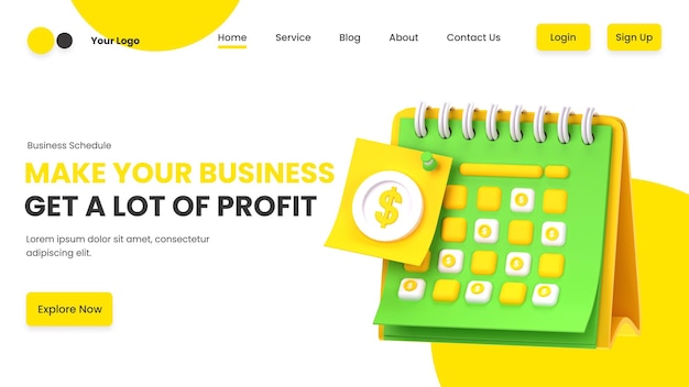 PSD a yellow landing page 3d calendar with a dollar sign on it