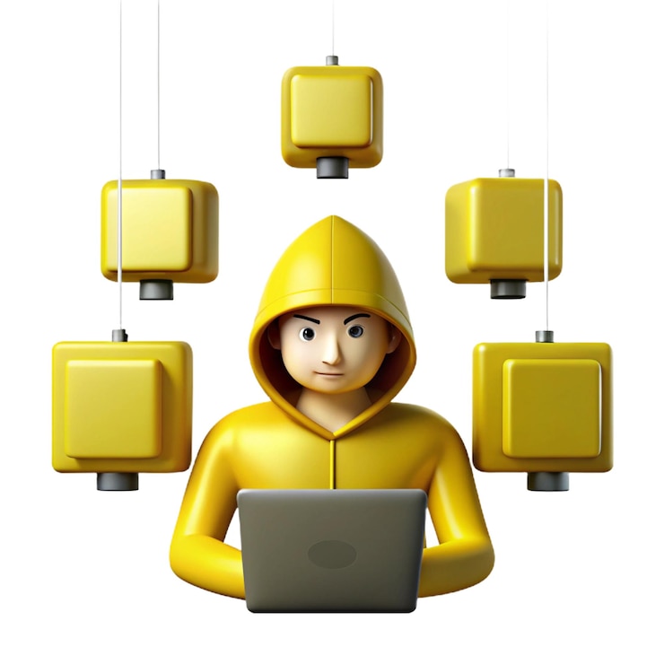 PSD a yellow laptop with a yellow hood sits in front of many other yellow cubes