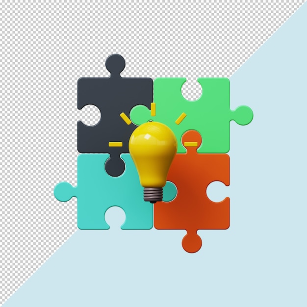 PSD yellow light bulb with puzzle pieces idea and business solutions icon 3d render