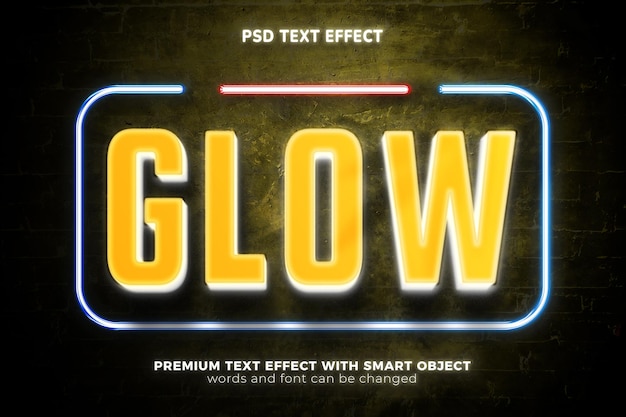 Yellow light neon glow bold 3d editable text effect mock up