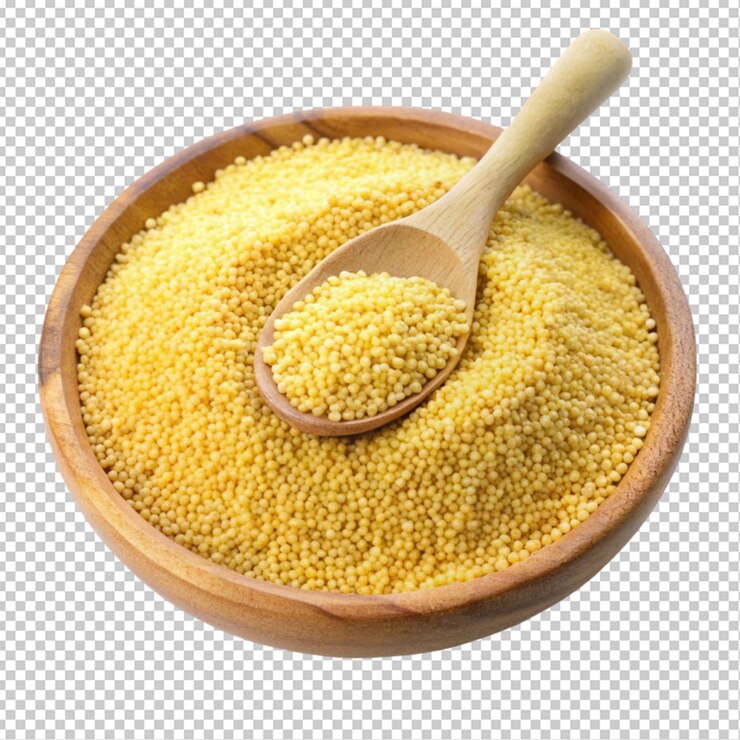 PSD yellow millet in wooden plate and spoon transparent background