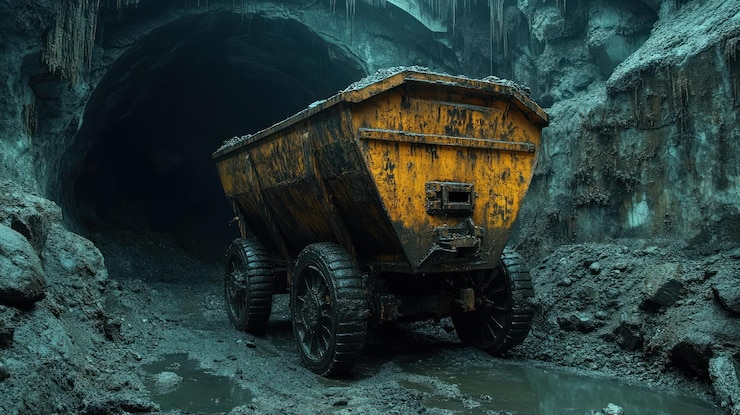 PSD a yellow mining dump truck sits in a muddy tunnel entrance