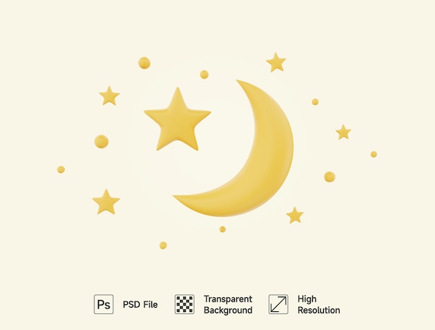 PSD a yellow moon and stars on a white background