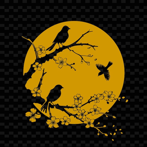 PSD una luna gialla con uccelli su di essa e un ramo d'albero con una luna gialta sullo sfondo