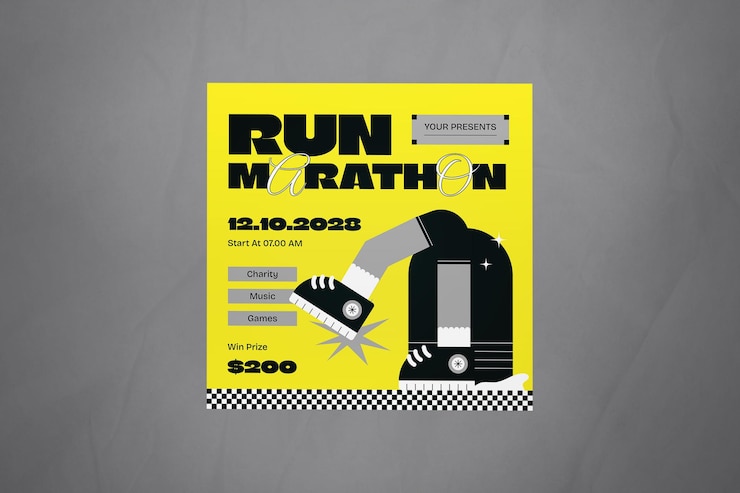 PSD yellow neo brutalism run marathon social media post