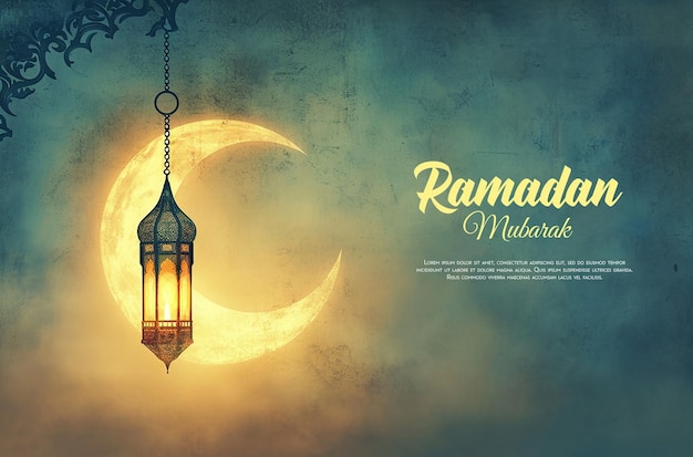 PSD yellow neon moon with blue arabic lantern ramadan social media banner