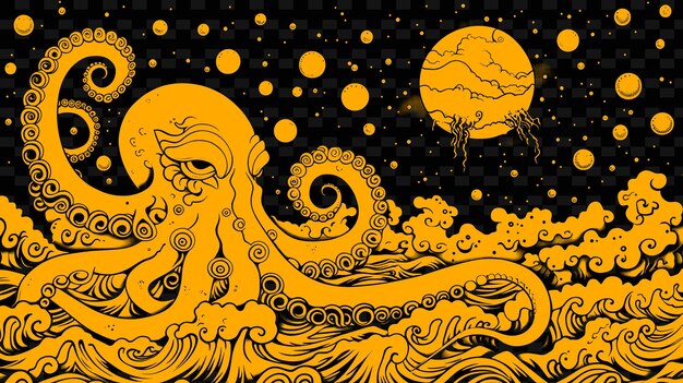 A yellow octopus with a moon and a moon in the background