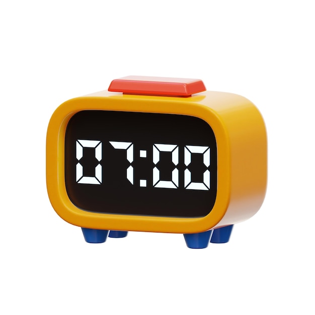 PSD a yellow and orange alarm clock with the time 7 : 00 on it.